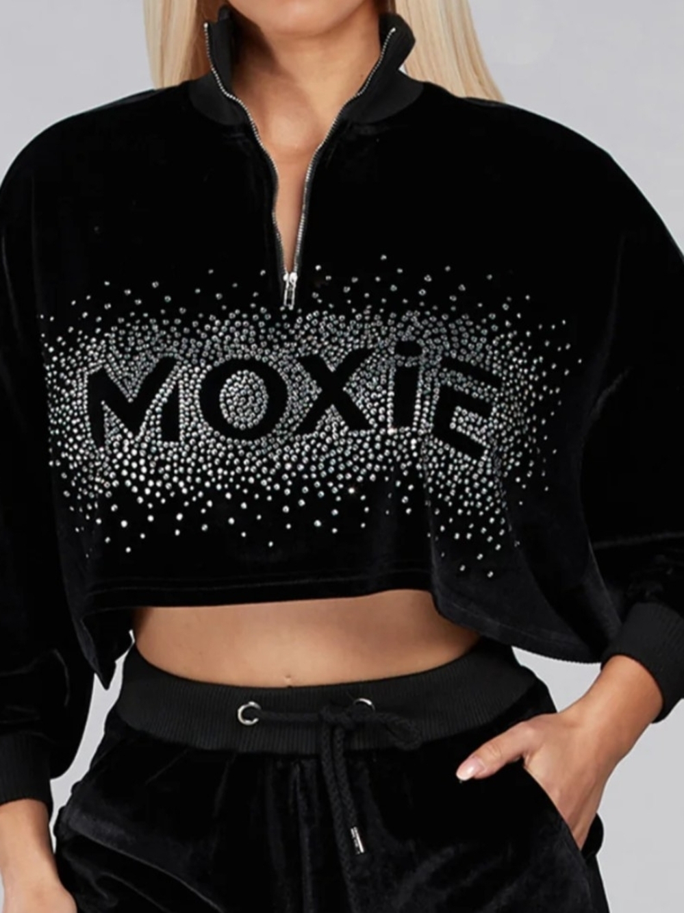 Women's Black Cropped Velour Zip-Front Jacket with Embellished Logo